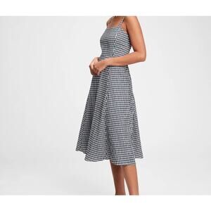 Gap Navy White Gingham Fit Flare Midi Dress Adjustable Spaghetti Straps Size 4
